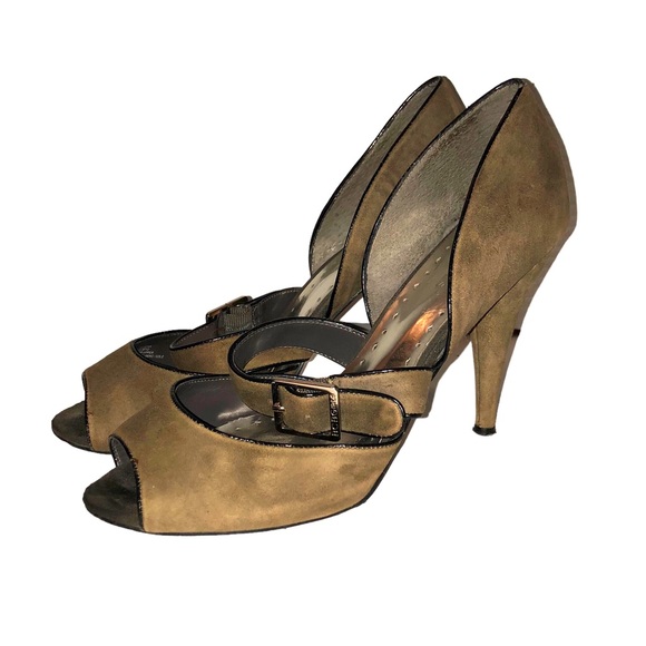 Gorgeous BCG Suede Peep Toe pumps, muted sage green with buckled strap sz 8.5B - Picture 4 of 15